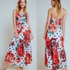 Farm Rio Maxi Dress Cotton Eyelet Lined Smocked Back Floral Polka Dot Size 14